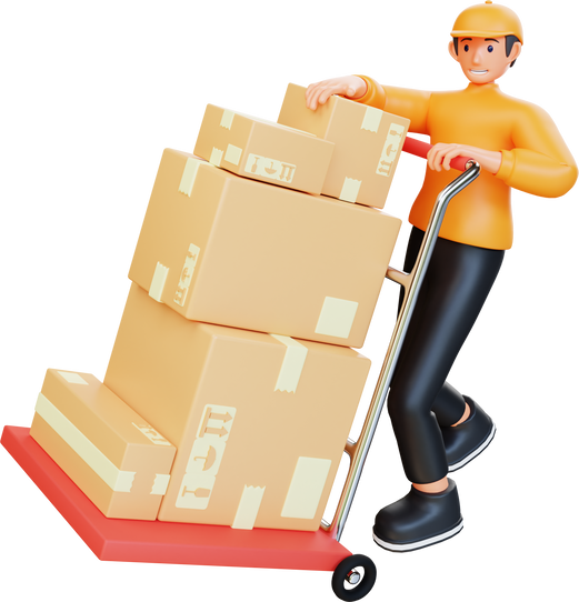 orange courier pushes the package with cart