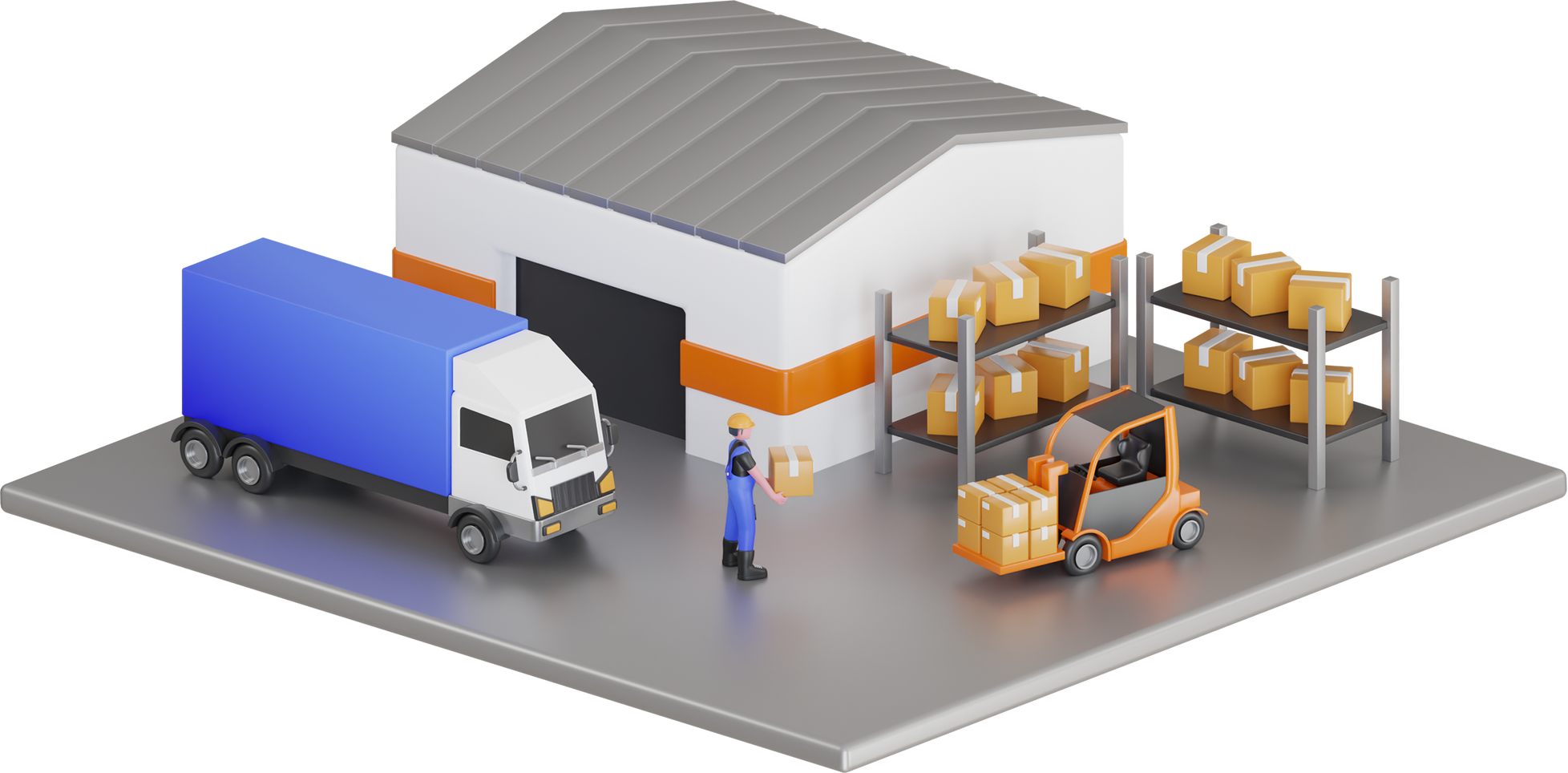 3D Trailer Container Truck Parked Loading Package Boxes at the Warehouse